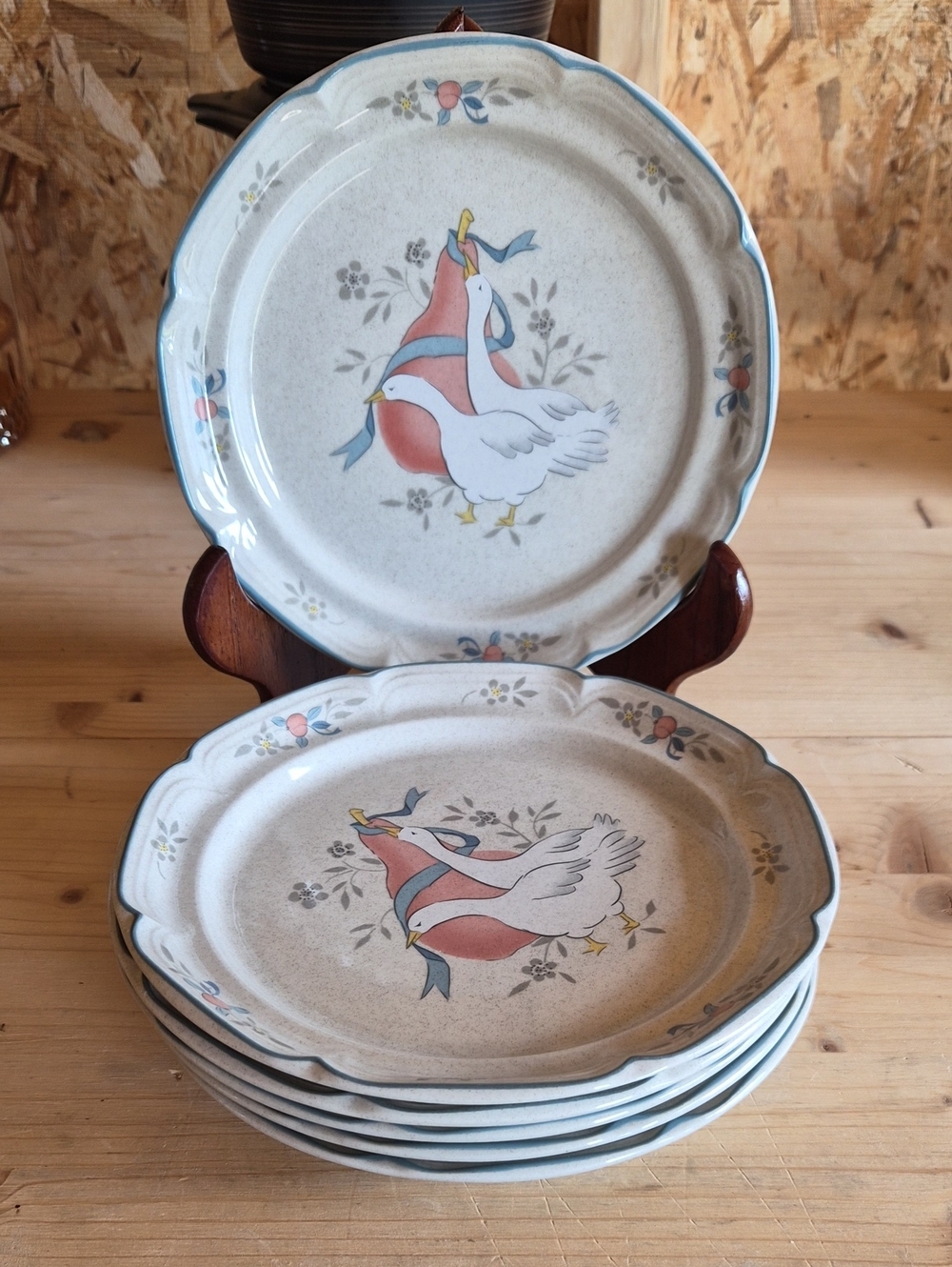 International Pink and Blue Goose Motif Dinner Plates - Set of 6